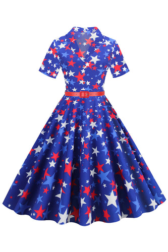 Royal Blue Stars Print Belt 1950s Dress With Short Sleeves