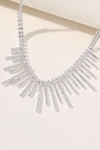 Silver Rhinestone Drop Bridal Earrings Necklace Set