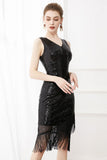 Sequins Glitter Black 1920s Dress with Fringes