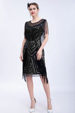 Black Glitter Sequins Flapper Dress with Fringes