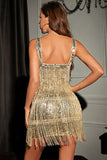 Sparkly Golden Sequins Cocktail Party Dress with Fringes