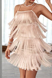 Blush Spaghetti Straps Short Cocktail Party Dress with Fringes