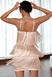 Blush Spaghetti Straps Short Cocktail Party Dress with Fringes