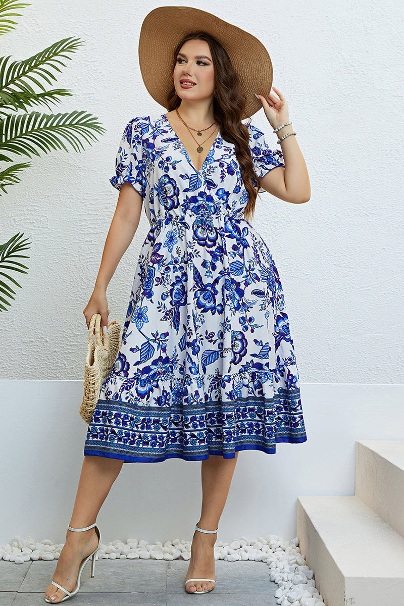 Load image into Gallery viewer, Blue V Neck Plus Size Summer Dress With Short Sleeves
