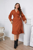 Brown Plus Size Long Sleeves Summer Dress with Ruffles