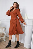 Brown Plus Size Long Sleeves Summer Dress with Ruffles