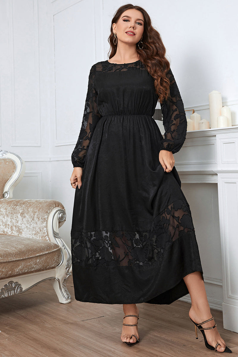 Load image into Gallery viewer, Black Plus Size Long Sleeves Round Neck Summer Dress