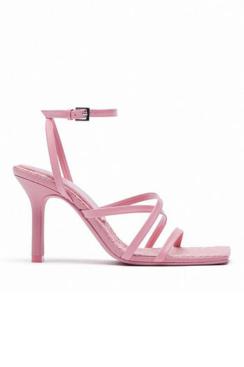 Pink Slip-on Square Toe High-Heeled Sandals
