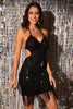 Load image into Gallery viewer, Sparkly Halter Backless Sequins Black Semi Formal Dress with Fringes