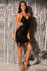 Load image into Gallery viewer, Sparkly Halter Backless Sequins Black Semi Formal Dress with Fringes
