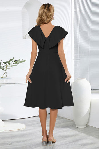 V-Neck Sleeveless Black Casual Dress with Ruffles