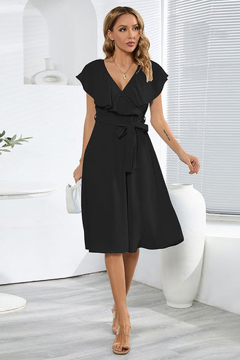V-Neck Sleeveless Black Casual Dress with Ruffles