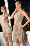 One Shoulder Champagne Cocktail Dress with Fringes