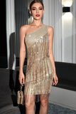 One Shoulder Champagne Cocktail Dress with Fringes