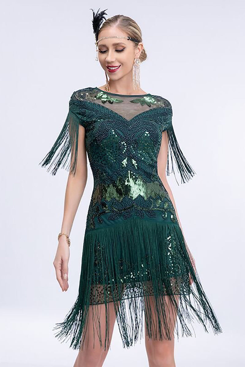 Load image into Gallery viewer, Black Grey Sequins Roaring 20s Gatsby Fringed Flapper Dress