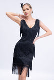 V-Neck Black Beaded Roaring 20s Gatsby Fringed Flapper Dress