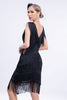 Load image into Gallery viewer, V-Neck Black Beaded Roaring 20s Gatsby Fringed Flapper Dress