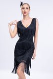 V-Neck Black Beaded Roaring 20s Gatsby Fringed Flapper Dress