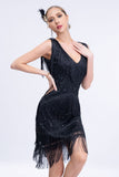 V-Neck Black Beaded Roaring 20s Gatsby Fringed Flapper Dress