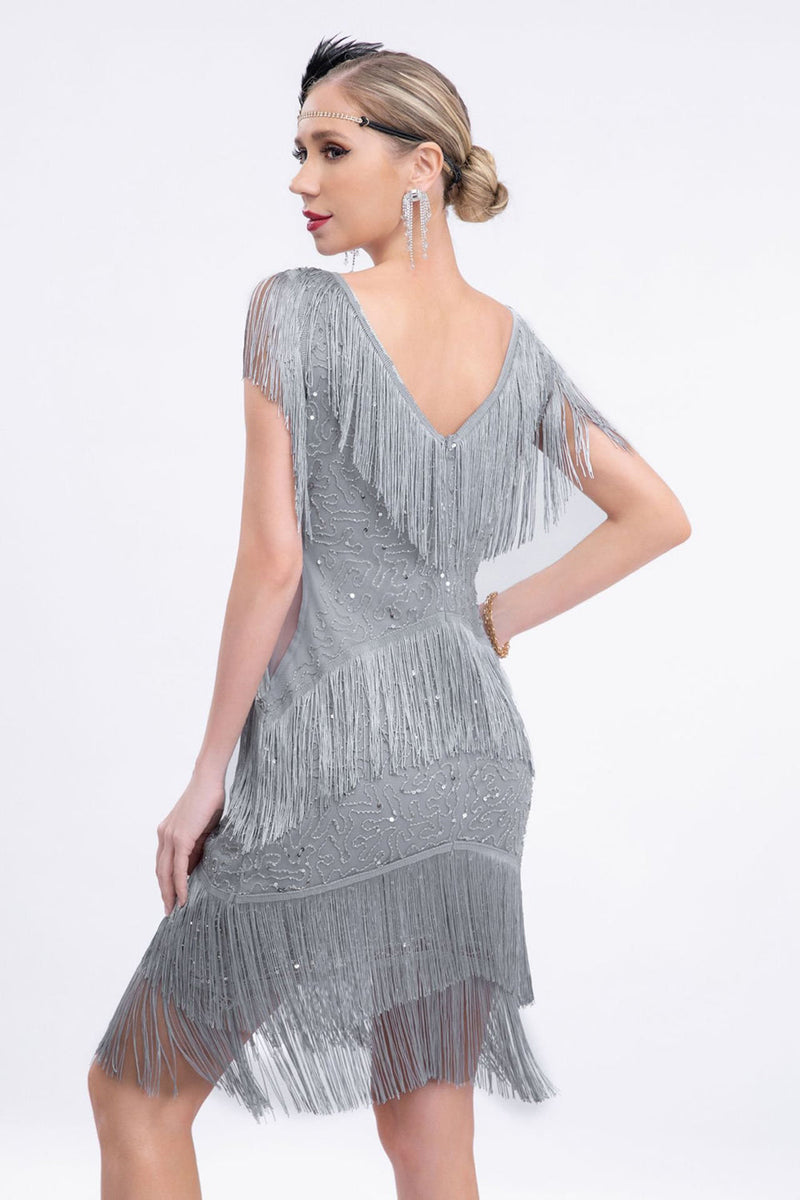 Load image into Gallery viewer, V-Neck Black Beaded Roaring 20s Gatsby Fringed Flapper Dress