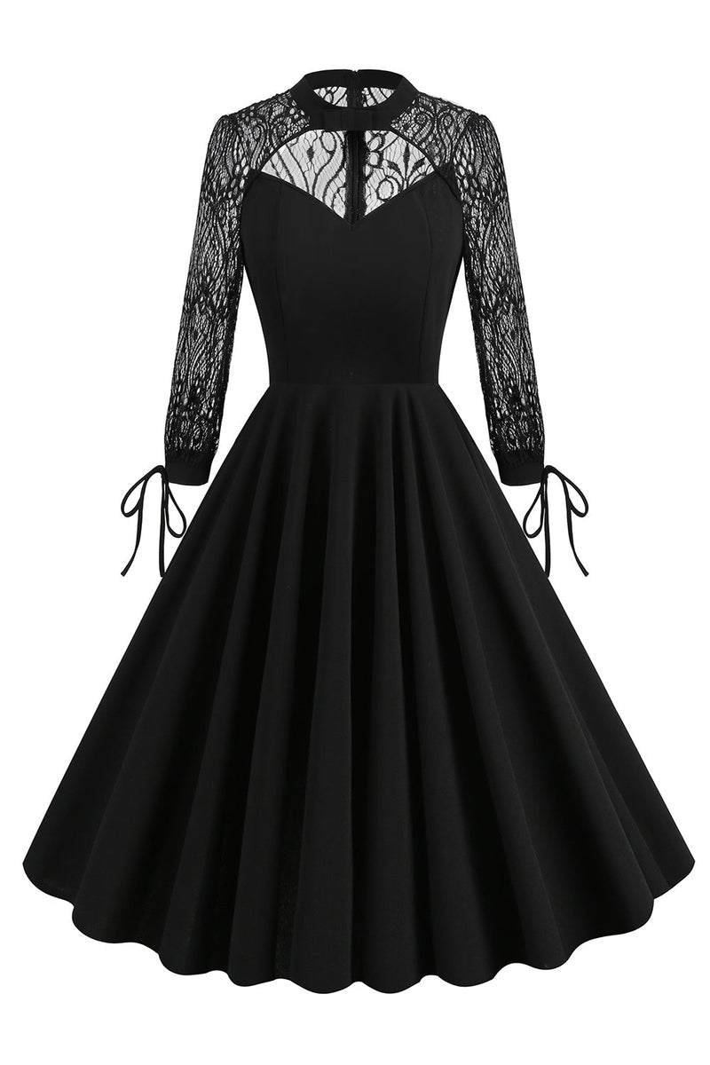Load image into Gallery viewer, Black A line Long Sleeves 1950s Dress with Lace