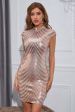 Sparkly Sequin Rose Golden Cap Sleeves Bodycon Cocktail Dress