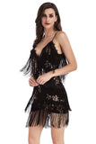 Black Sequin Spaghetti Straps Short Cocktail Dress With Fringes