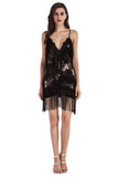 Black Sequin Spaghetti Straps Short Cocktail Dress With Fringes