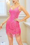 Sparkly Sequin Fuchsia Spaghetti Straps Short Cocktail Dress With Fringes