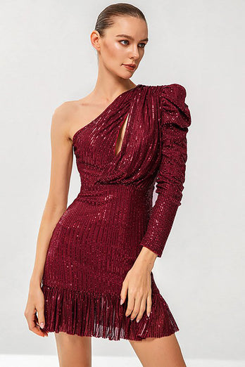 One Shoulder Sparkly Red Semi Formal Dress