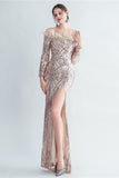 Sparkly Off The Shoulder Sequins Golden Formal Dress with Feathers