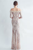 Sparkly Off The Shoulder Sequins Golden Formal Dress with Feathers