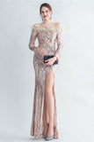 Sparkly Off The Shoulder Sequins Golden Formal Dress with Feathers