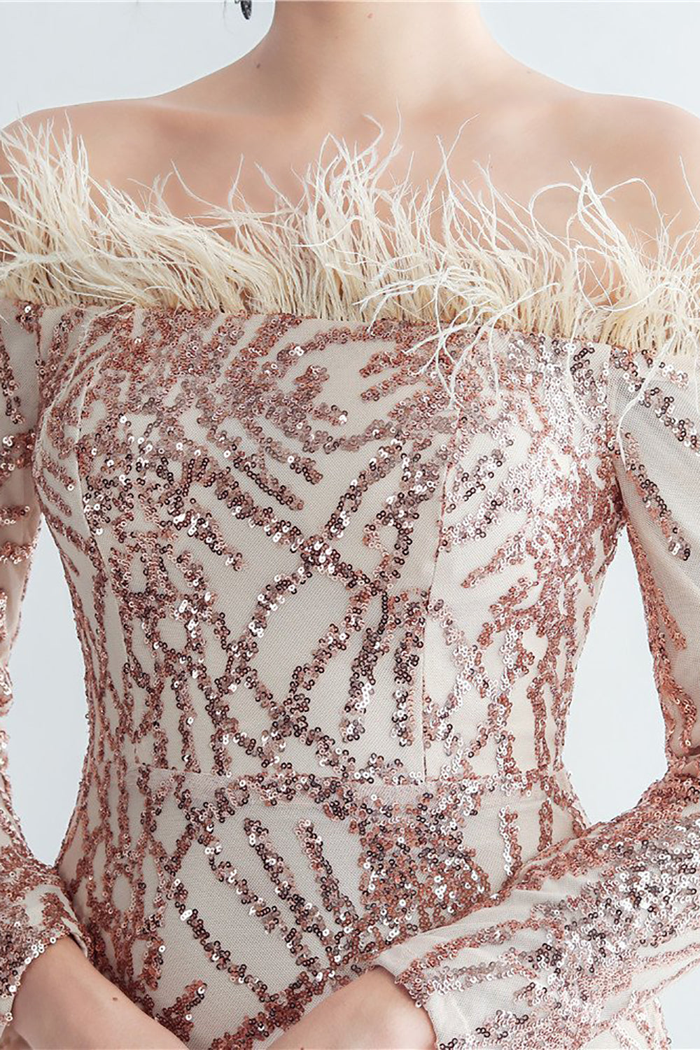 Sparkly Off The Shoulder Sequins Golden Formal Dress with Feathers