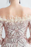 Sparkly Off The Shoulder Sequins Golden Formal Dress with Feathers