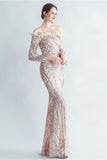 Sparkly Off The Shoulder Sequins Golden Formal Dress with Feathers