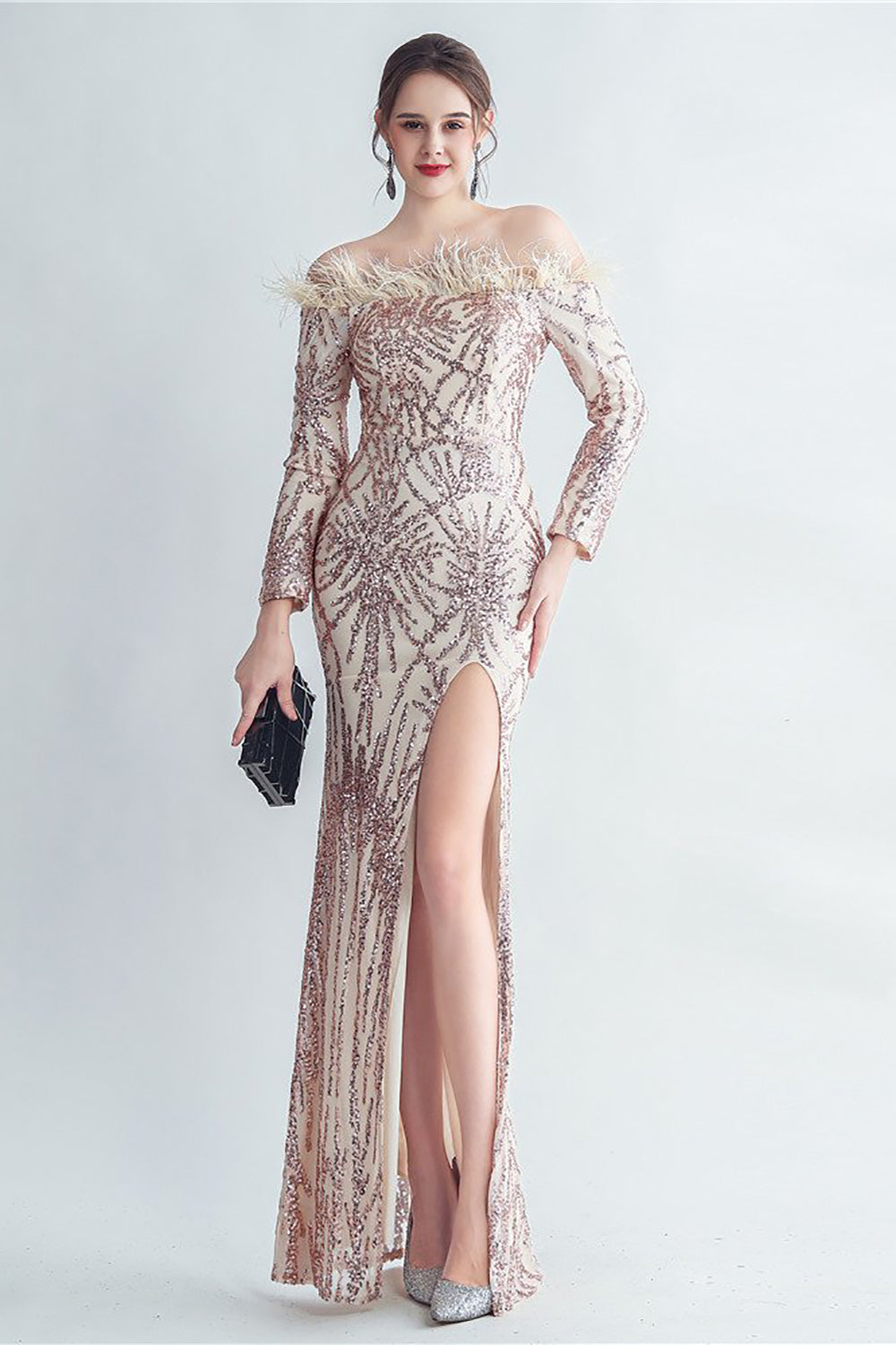 Sparkly Off The Shoulder Sequins Golden Formal Dress with Feathers