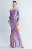 Sparkly Off The Shoulder Sequins Golden Formal Dress with Feathers