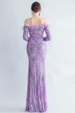 Sparkly Off The Shoulder Sequins Golden Formal Dress with Feathers