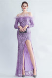 Sparkly Off The Shoulder Sequins Golden Formal Dress with Feathers