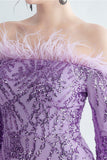 Sparkly Off The Shoulder Sequins Golden Formal Dress with Feathers