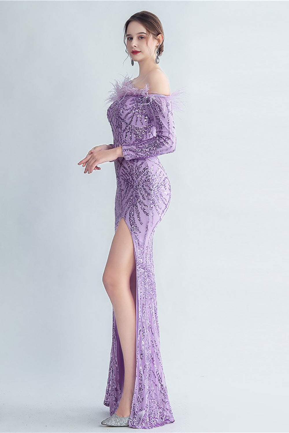 Sparkly Off The Shoulder Sequins Golden Formal Dress with Feathers