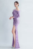 Sparkly Off The Shoulder Sequins Golden Formal Dress with Feathers