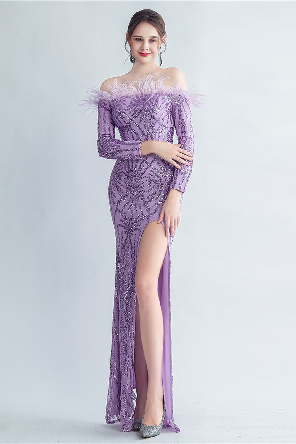 Sparkly Off The Shoulder Sequins Golden Formal Dress with Feathers