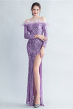 Sparkly Off The Shoulder Sequins Golden Formal Dress with Feathers