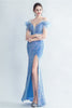 Load image into Gallery viewer, Cold Shoulder Sequins Blue Corset Formal Dress with Feathers
