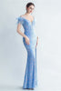 Load image into Gallery viewer, Cold Shoulder Sequins Blue Corset Formal Dress with Feathers
