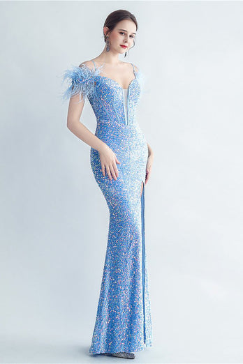 Cold Shoulder Sequins Blue Corset Formal Dress with Feathers