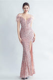 Cold Shoulder Sequins Blue Corset Formal Dress with Feathers