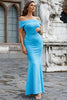 Load image into Gallery viewer, Satin Mermaid Off The Shoulder Blue Formal Dress